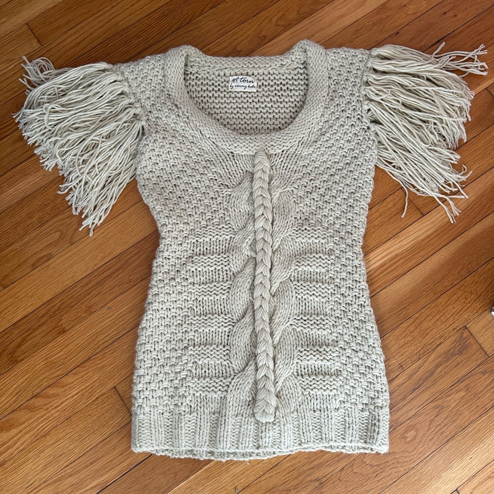 Torn by Ronny Kobo Cream Fringed Sweater
